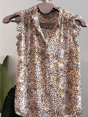 LOFT Cream Blouse with Yellow, Pink & Black Abstract Floral Print